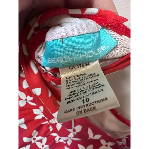 Beach house size 10 red orange with white tie tankini bathing suit - Picture 3 of 5